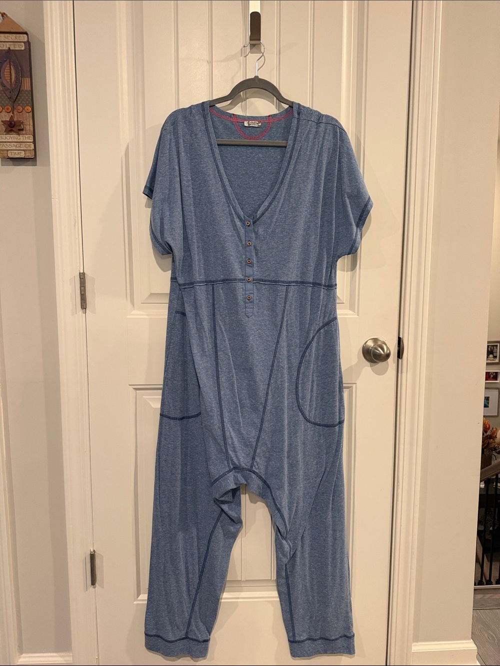 Free People Casual Blue V-Neck Jumpsuit with Button Front